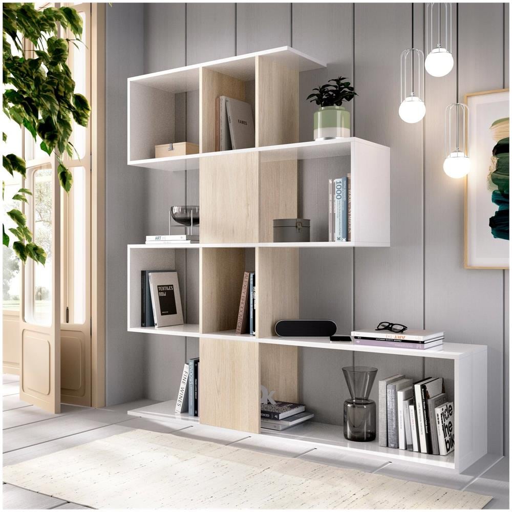 Libreria Moneglia, Scaffale Da Ufficio Multiuso, Mobile Biblioteca Portalibri A 4 Ripiani, 145x29h145 Cm, Bianco E Rovere - Foto 1