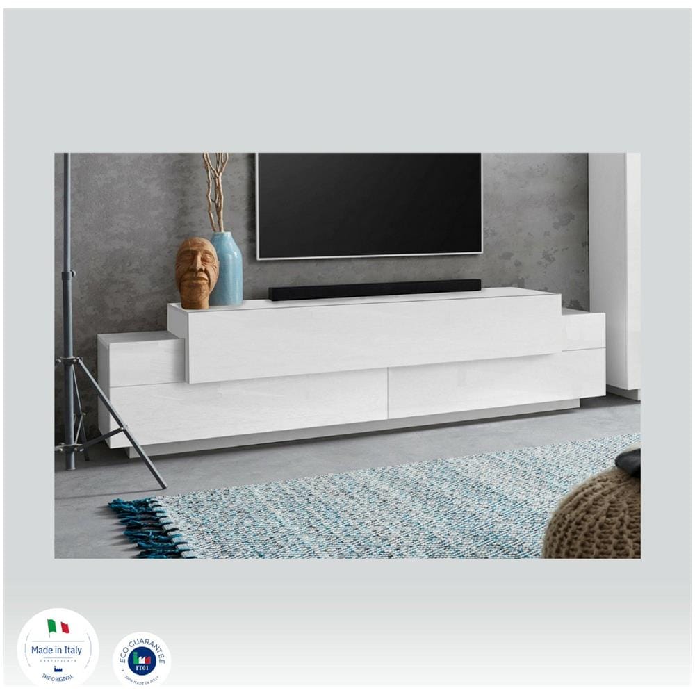 Mobile Porta Tv Teo, Credenza Bassa Da Soggiorno, Base Porta Tv, 100% Made In Italy, Cm 200x45h52, Bianco Lucido - Foto 4