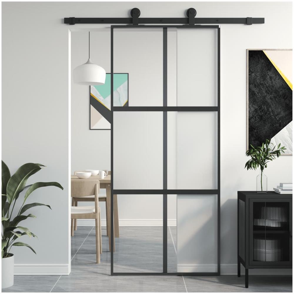 Porta Scorrevole Nera 90x205 Cm In Vetro Temperato E Alluminio - Foto 1