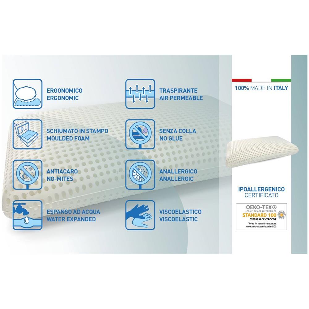 Talamo Italia Set Di 4 Cuscini Per Letto, 100% Made In Italy, Guanciale Ergonomico A ""saponetta"" In Memory Foam Forato, Anallergico E Traspirante, 70x39xh10 Cm - Foto 2