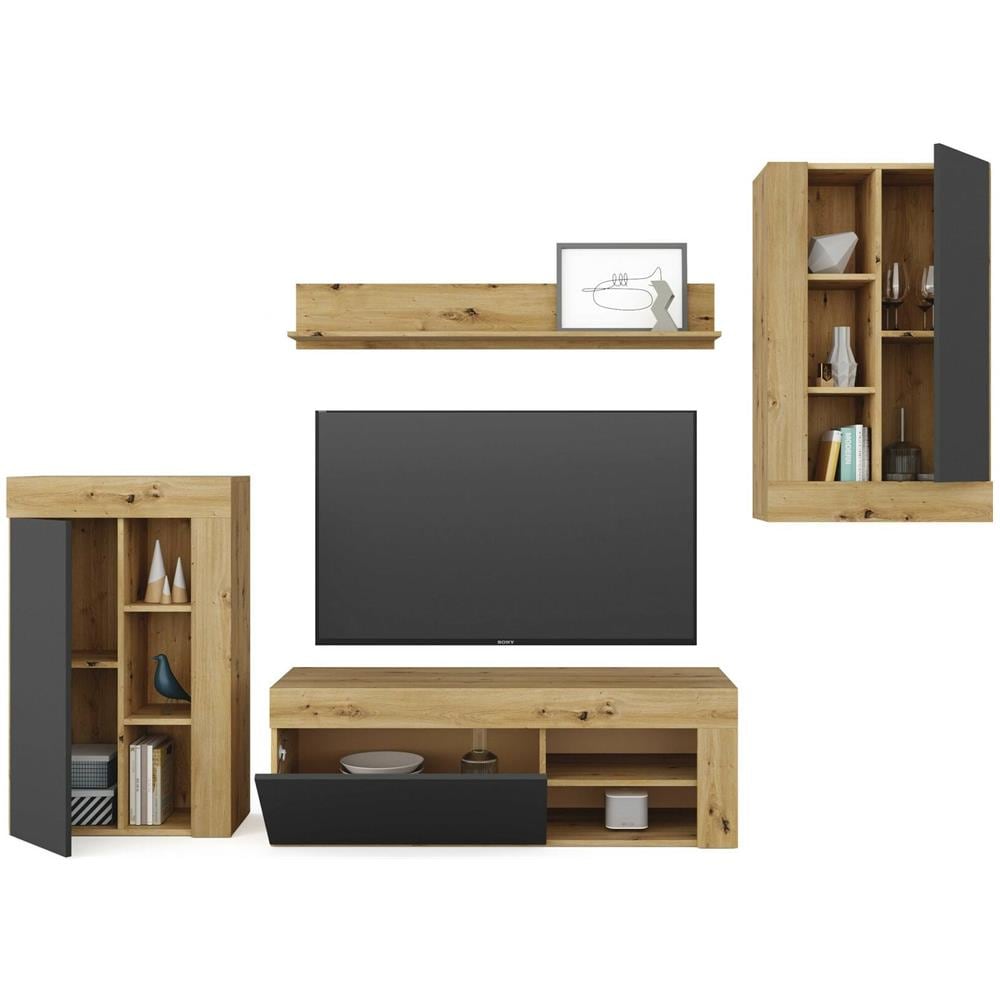 Parete Attrezzata Atex, Set Da Soggiorno Moderno, Mobile Salotto Multiuso, 260x41h102 Cm, Rovere Nodi E Antracite - Foto 2