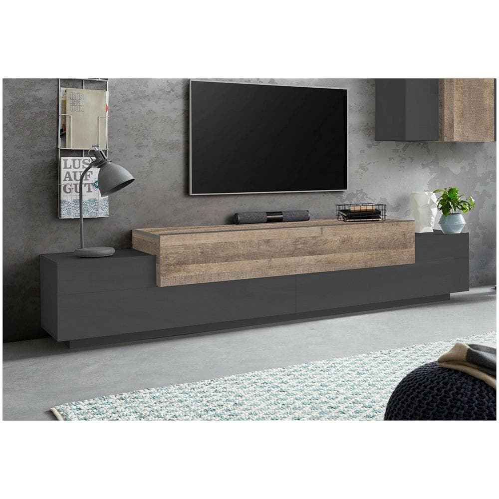 Mobile Porta Tv Nico, Credenza Bassa Da Soggiorno, Base Porta Tv, 100% Made In Italy, Cm 240x45h52, Antracite E Acero - Foto 1