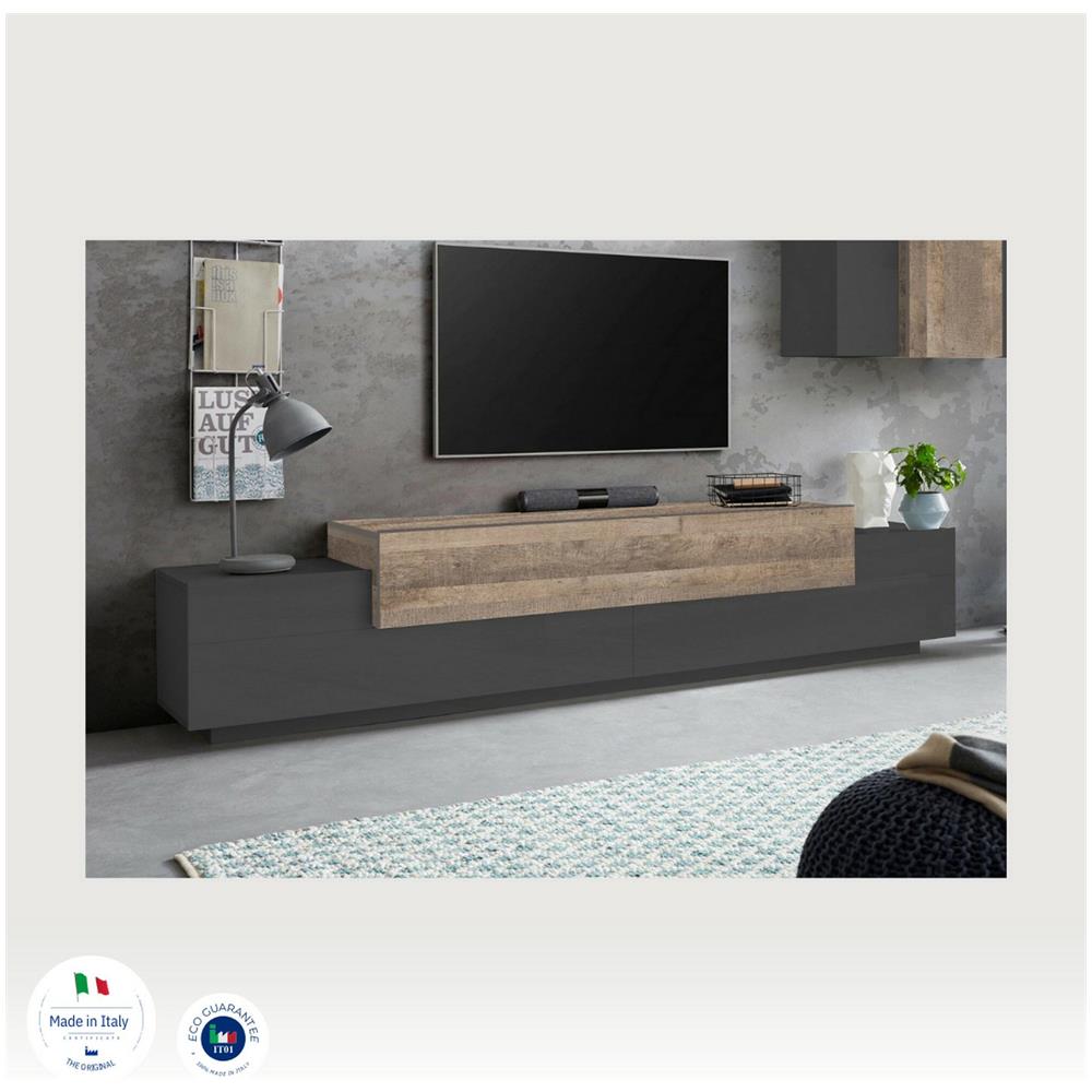 Mobile Porta Tv Nico, Credenza Bassa Da Soggiorno, Base Porta Tv, 100% Made In Italy, Cm 240x45h52, Antracite E Acero - Foto 4