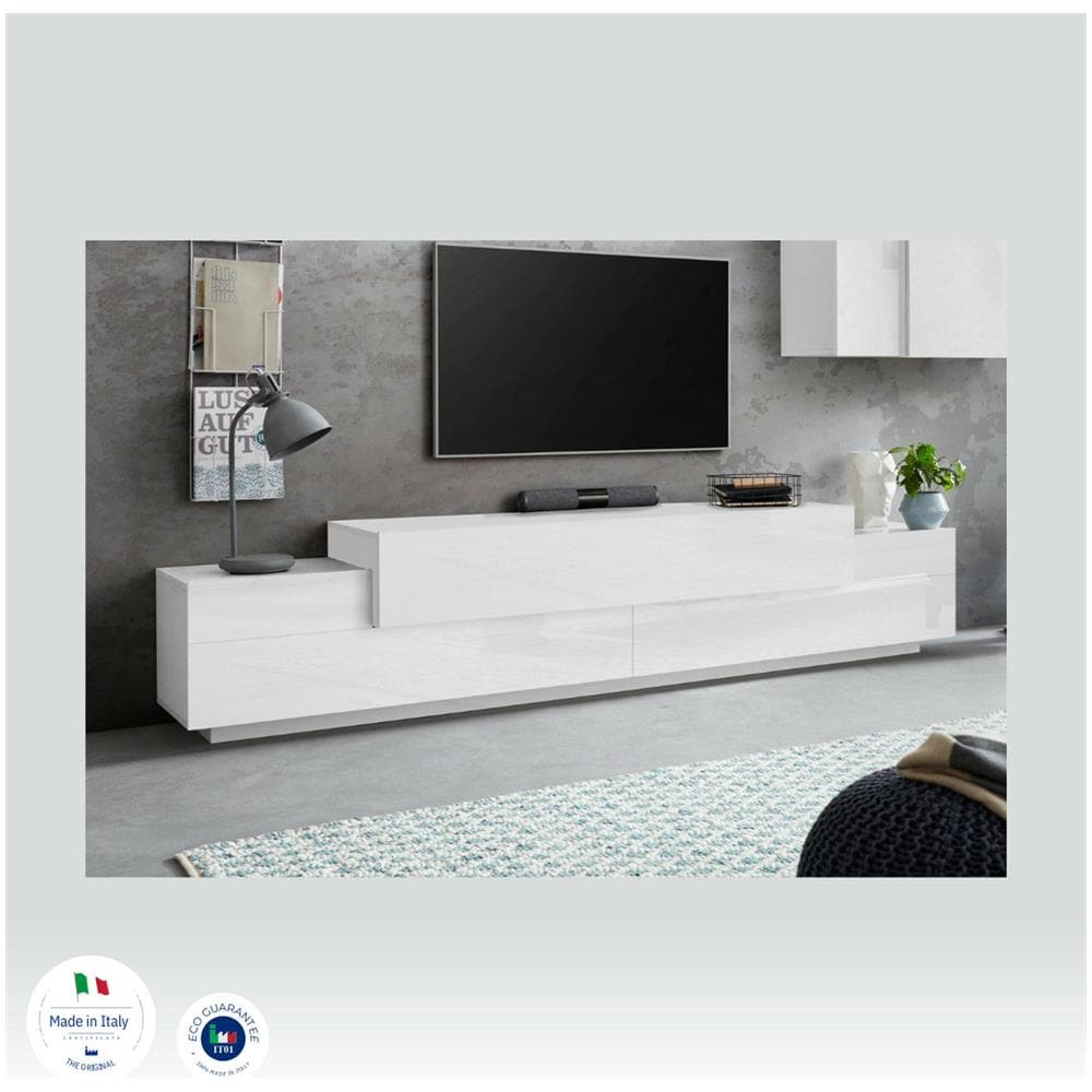 Mobile Porta Tv Nico, Credenza Bassa Da Soggiorno, Base Porta Tv, 100% Made In Italy, Cm 240x45h52, Bianco Lucido - Foto 4