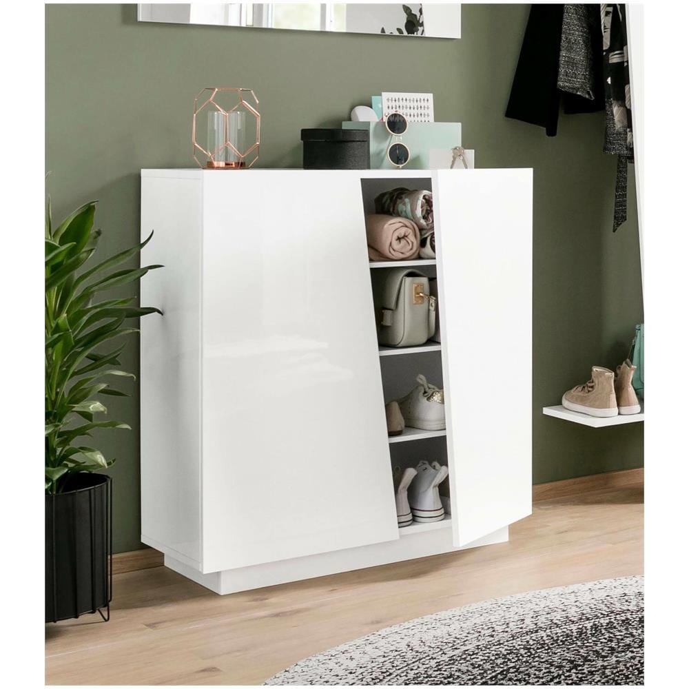 Scarpiera Joel, Mobile Multiuso A 2 Ante, Portascarpe Da Ingresso, 100% Made In Italy, Cm 80x38h86, Bianco Lucido - Foto 1