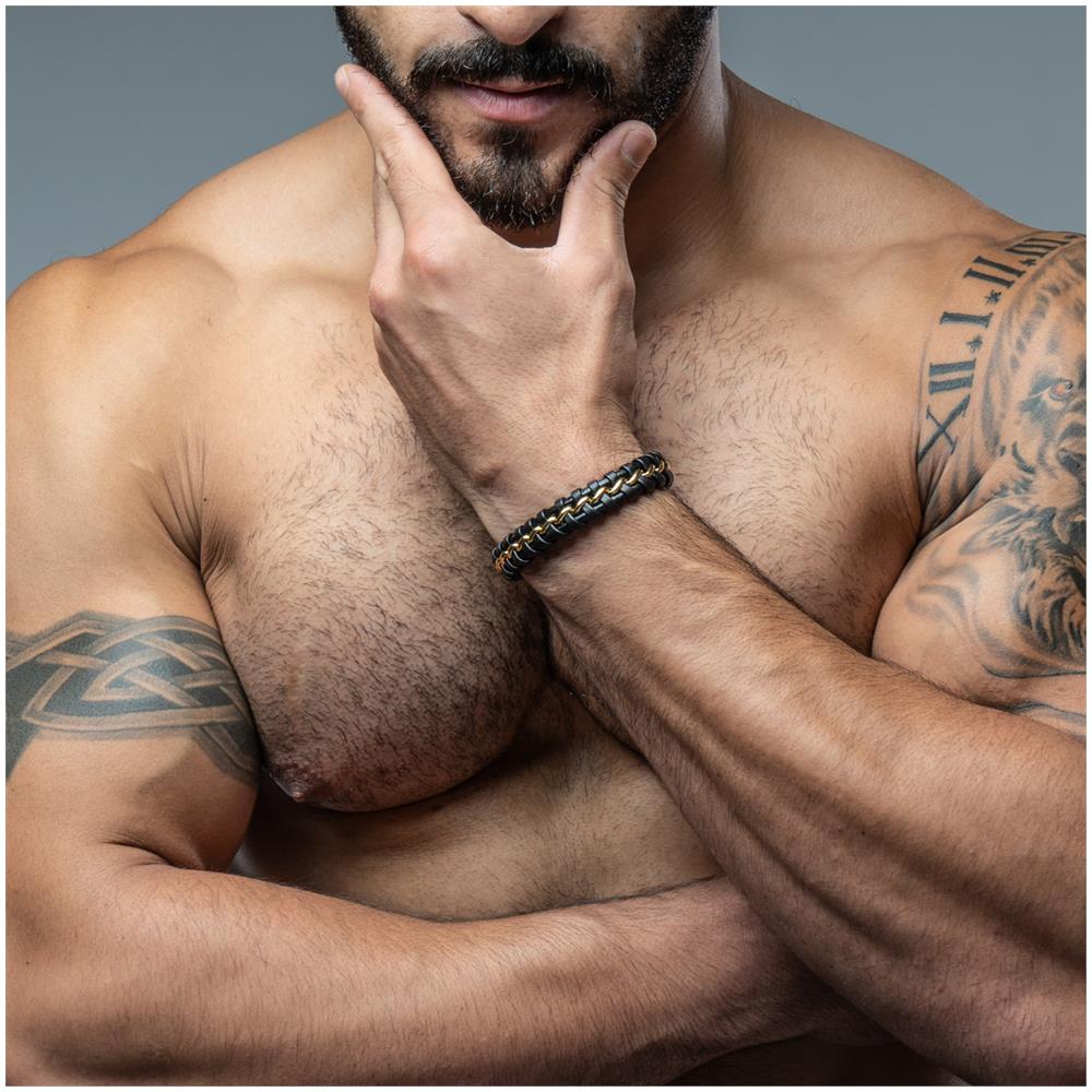 Bracciale in Pelle per Uomo, ""Joy"", 17cm, Oro - Foto 2