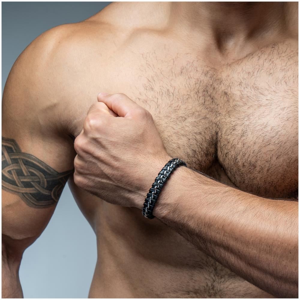 Bracciale in Pelle per Uomo ""Joy"" 23cm Argento - Foto 2