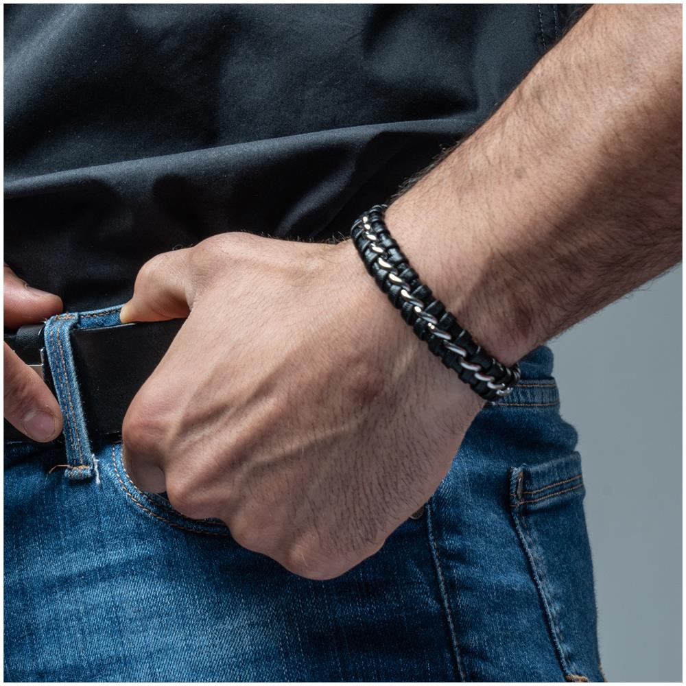 Bracciale in Pelle per Uomo ""Joy"" 23cm Argento - Foto 6