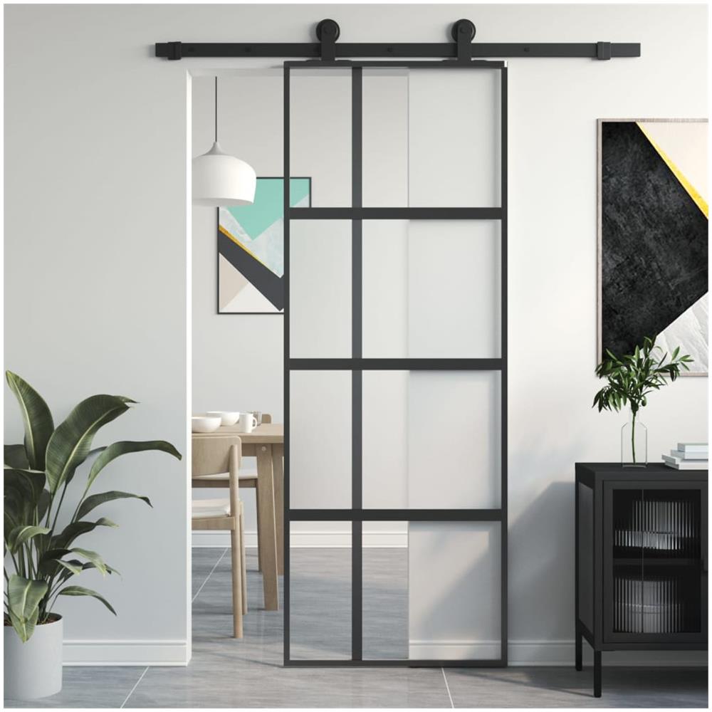 Porta Scorrevole Nera 76x205 Cm In Vetro Temperato E Alluminio - Foto 1