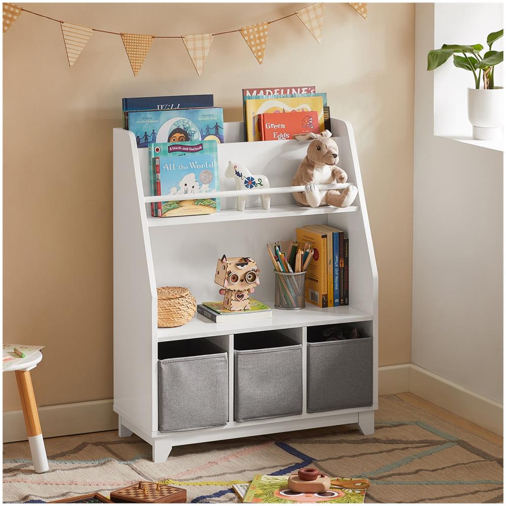 Libreria Per Bambini Con Vani Portaoggetti E 3 Scatole Scaffale Per Giocattoli Scaffale Per Bambini Organizzatore Di Giocattoli Bianco 63x28x80 Cm, Kmb34-w - Foto 5