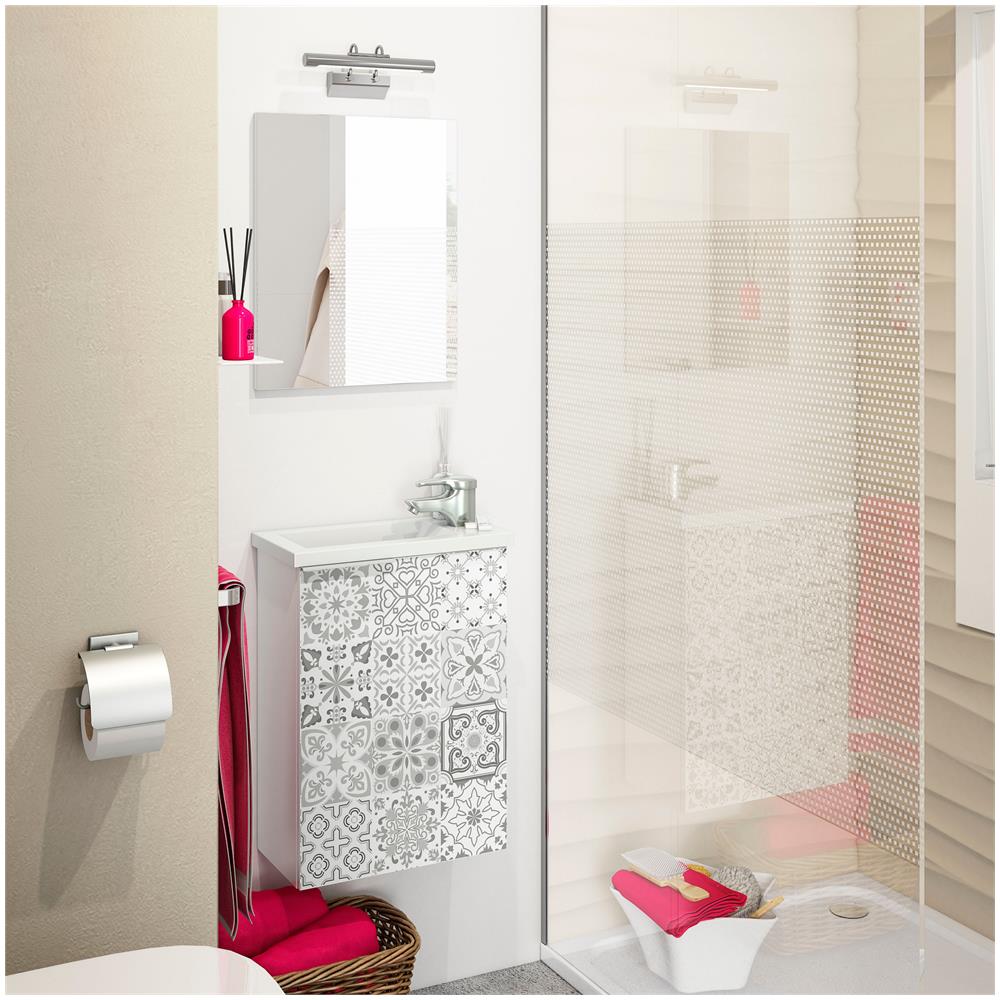 Mobile sottolavabo Peoria, Mobiletto per bagno sospeso, Armadio a 1 anta e specchio, cm 40x22h58, Bianco lucido e Cemento - Foto 2