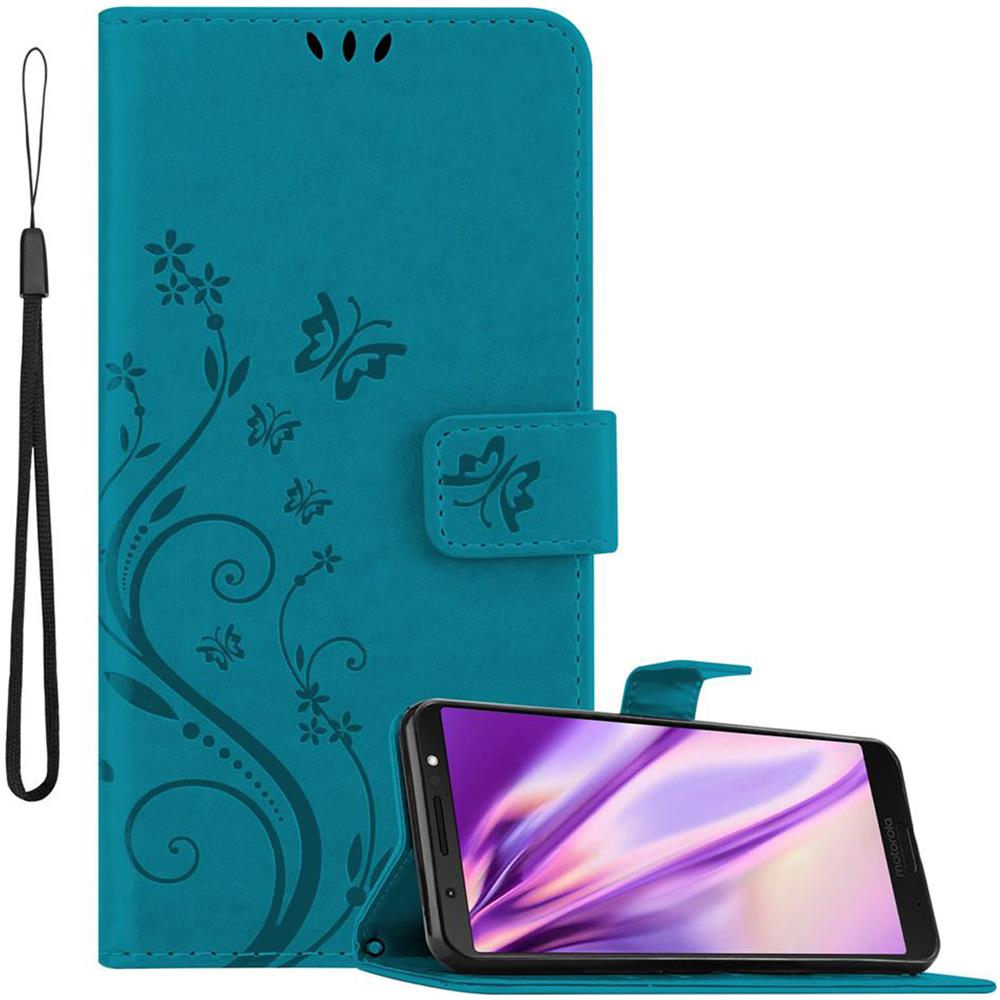 Custodia Compatibile Con Motorola Moto G6 Plus In Blu Fiore - Coperchio Protettivo In Design Floreale Con Chiusura Magnetica, Funzione Stand E Slot Per Carte - Foto 1