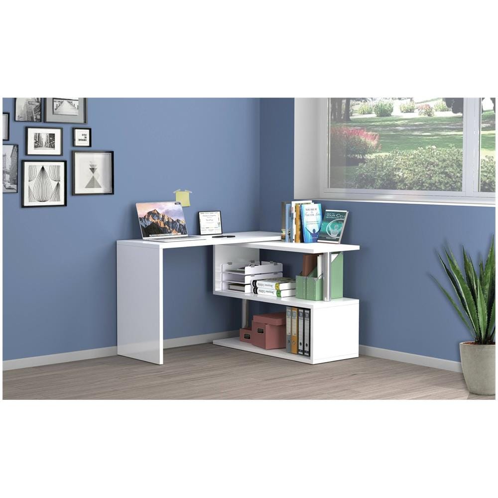 Scrivania Candido, Scrittoio Angolare Porta Pc, Tavolo Multiuso Per Ufficio, Scrivania Salvaspazio Multiposizione, 100% Made In Italy, Cm 120x50h75, Bianco Lucido - Foto 1