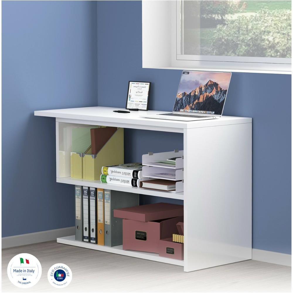 Scrivania Candido, Scrittoio Angolare Porta Pc, Tavolo Multiuso Per Ufficio, Scrivania Salvaspazio Multiposizione, 100% Made In Italy, Cm 120x50h75, Bianco Lucido - Foto 4