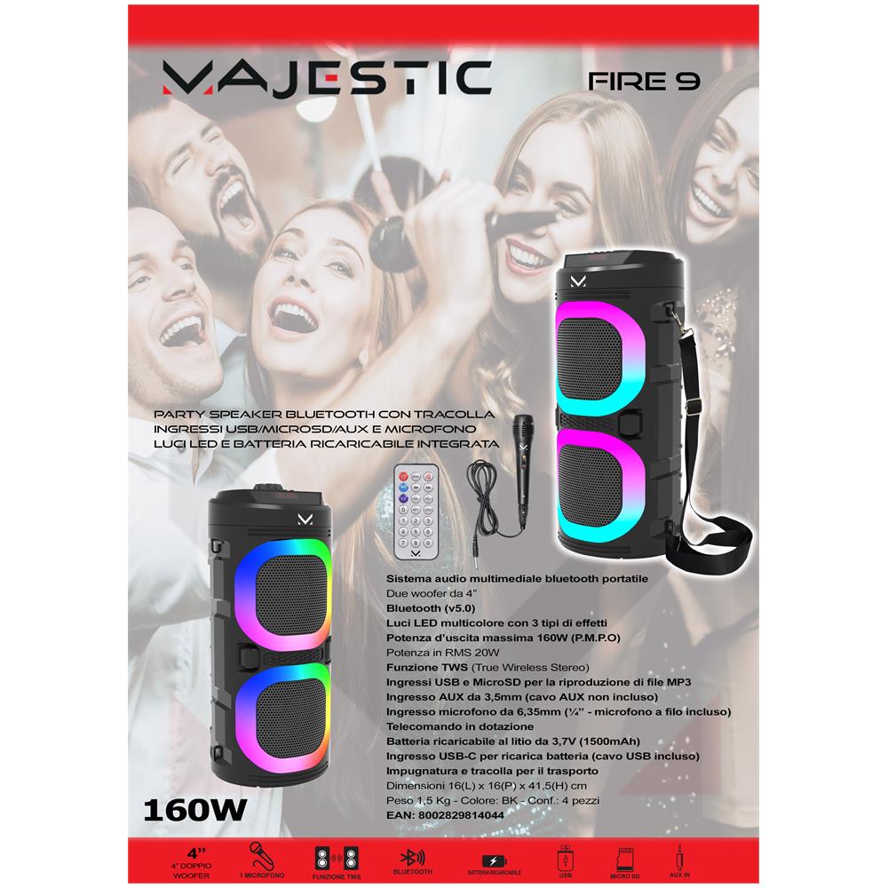 Fire 9 Sistema PA Indipendente con Tracolla Potenza 160 W Bluetooth con Microfono e Telecomando - Nero - Foto 7