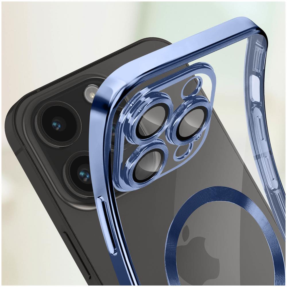 Cover Magsafe Per Iphone 14 Pro Silicone Protezione Fotocamera Bordo Cromato Blu - Foto 5