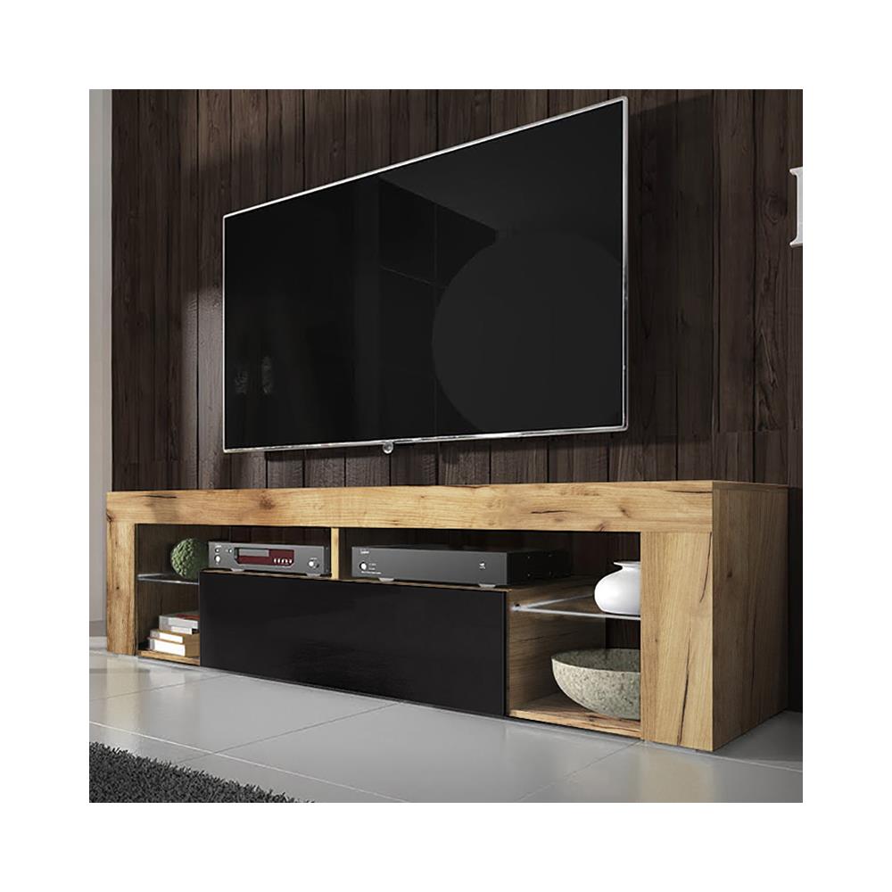 Bianko - Mobile Tv Moderno / Tavolino Tv / Porta Tv Elegante Con Ripiani In Vetro 140 Cm (quercia Dorata / Nero Lucido, Senza Led - Foto 2