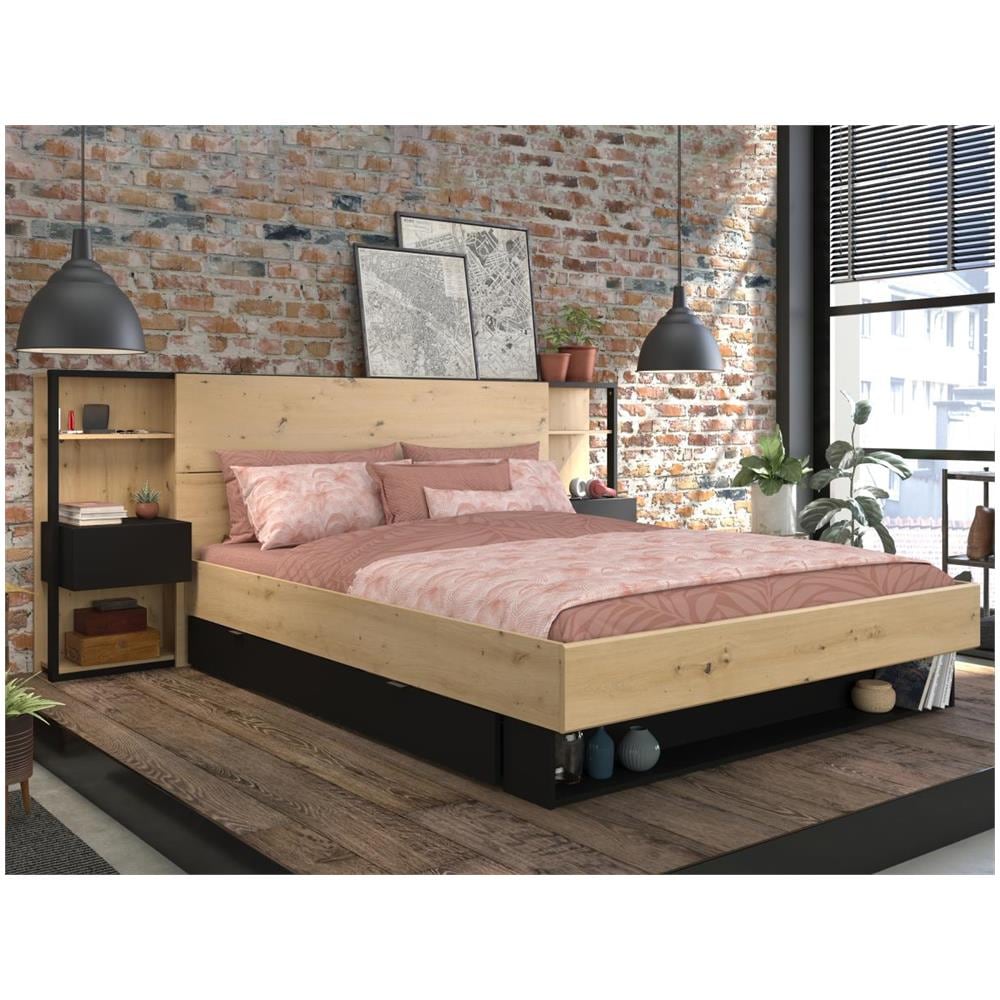 Testata Letto Con Comodini 160 Cm Rovere E Nero - Mista - Foto 1