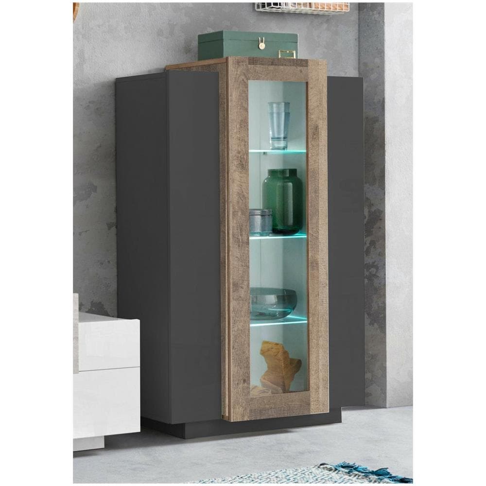 Vetrina Kevin, Credenza Con Tre Ante, Mobile Da Soggiorno Multiuso, 100% Made In Italy, Cm 80x38h121, Antracite E Acero - Foto 1