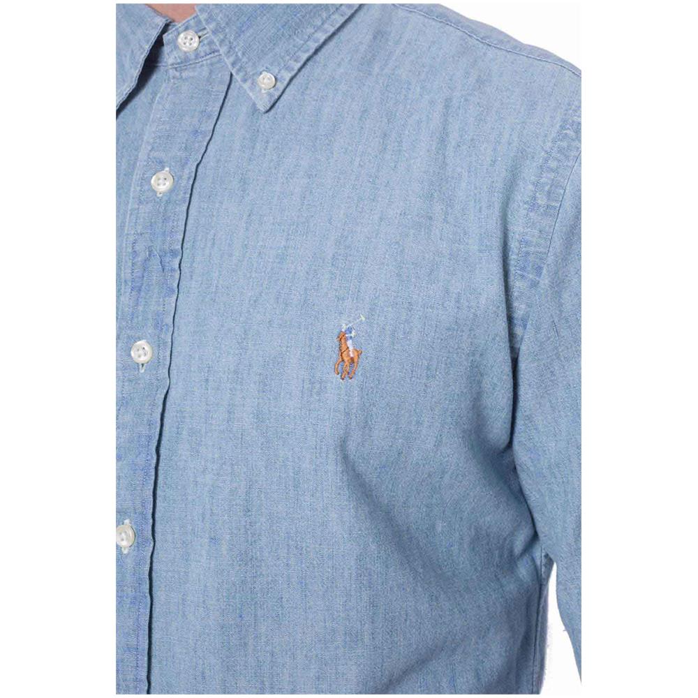 Uomo - Camicia Slim Fit In Chambray Azzurro - Foto 4