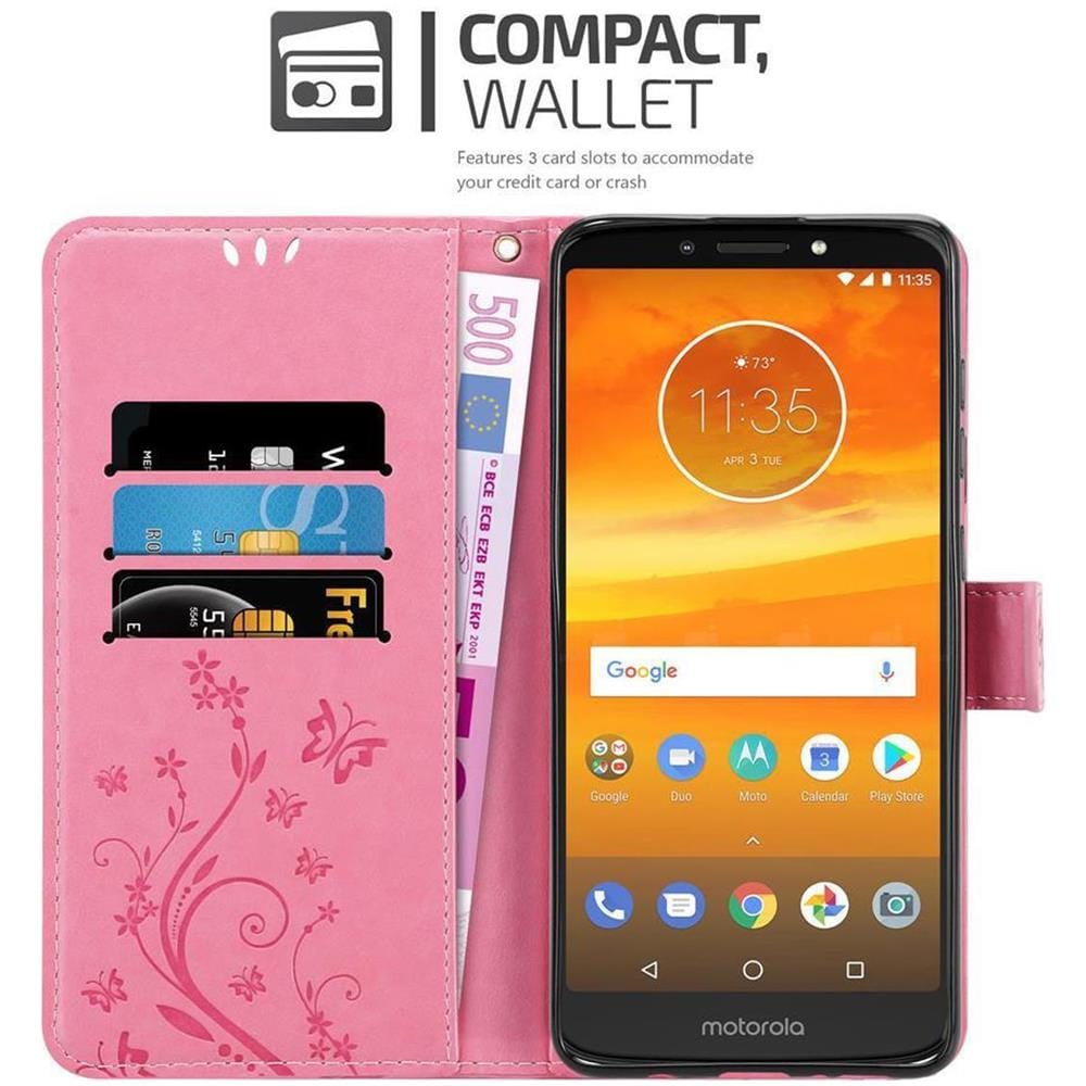 Custodia Compatibile Con Motorola Moto E5 Plus In Rosa Fiore - Coperchio Protettivo In Design Floreale Con Chiusura Magnetica, Funzione Stand E Slot Per Carte - Foto 2