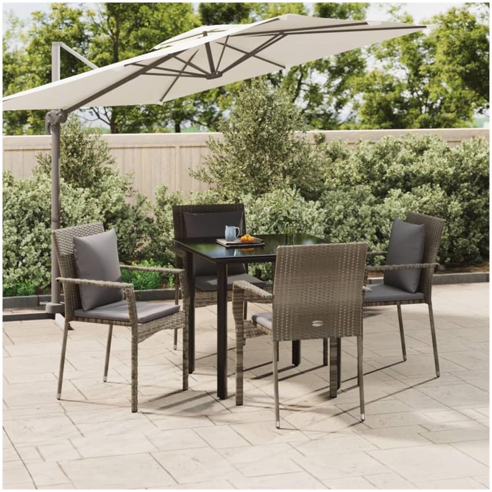 Set Da Pranzo Giardino 5pz Nero E Grigio Con Cuscini Polyrattan - Foto 1