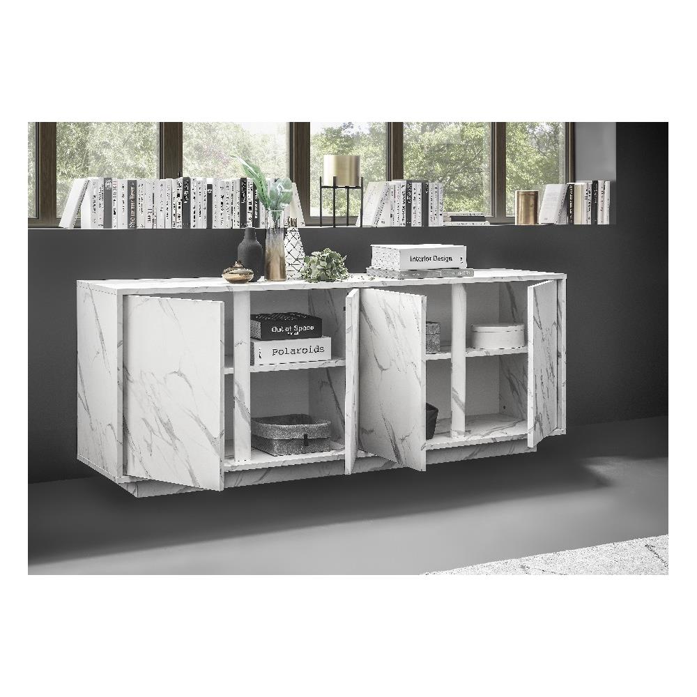 Mobile Multiuso Carrara - 4 Ante - Per Sala, Camera, Cucina, Ingresso - Bianco In Truciolare Melaminico, 180 X 43 X 79 Cm - Foto 2