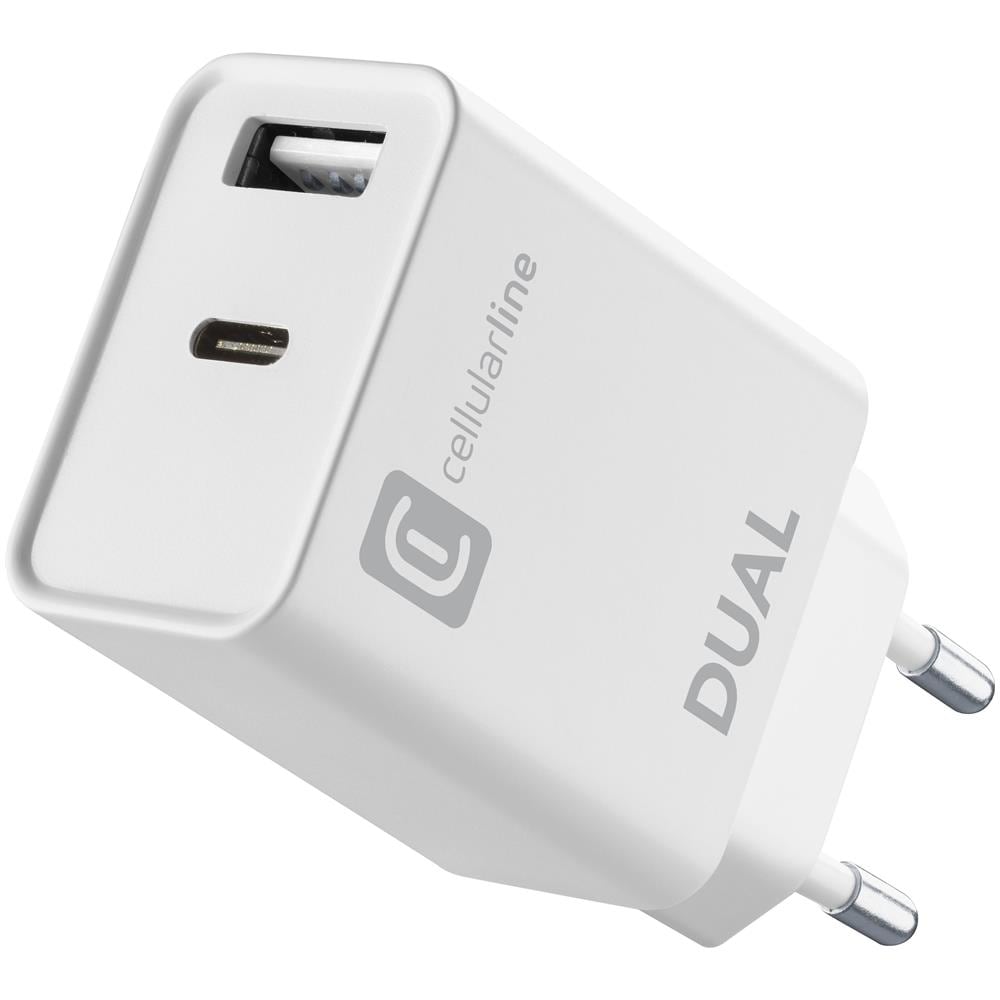 Caricabatterie Dual Charger per iPhone 8 o successivi Caricabatterie da rete con 2 porte USB e USB-C per la carica simultanea di due dispositivi Apple. Colore Bianco - Foto 1