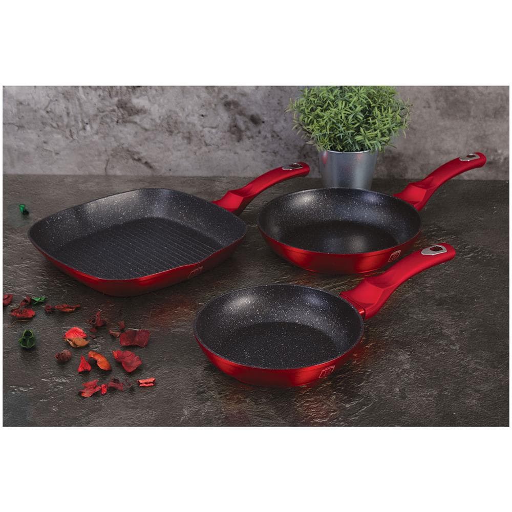 Burgundy Set Di 2 Padelle Et Bistecchiera Induzione 20-24-28cm In Alluminio Antiaderente Rosso - Foto 6