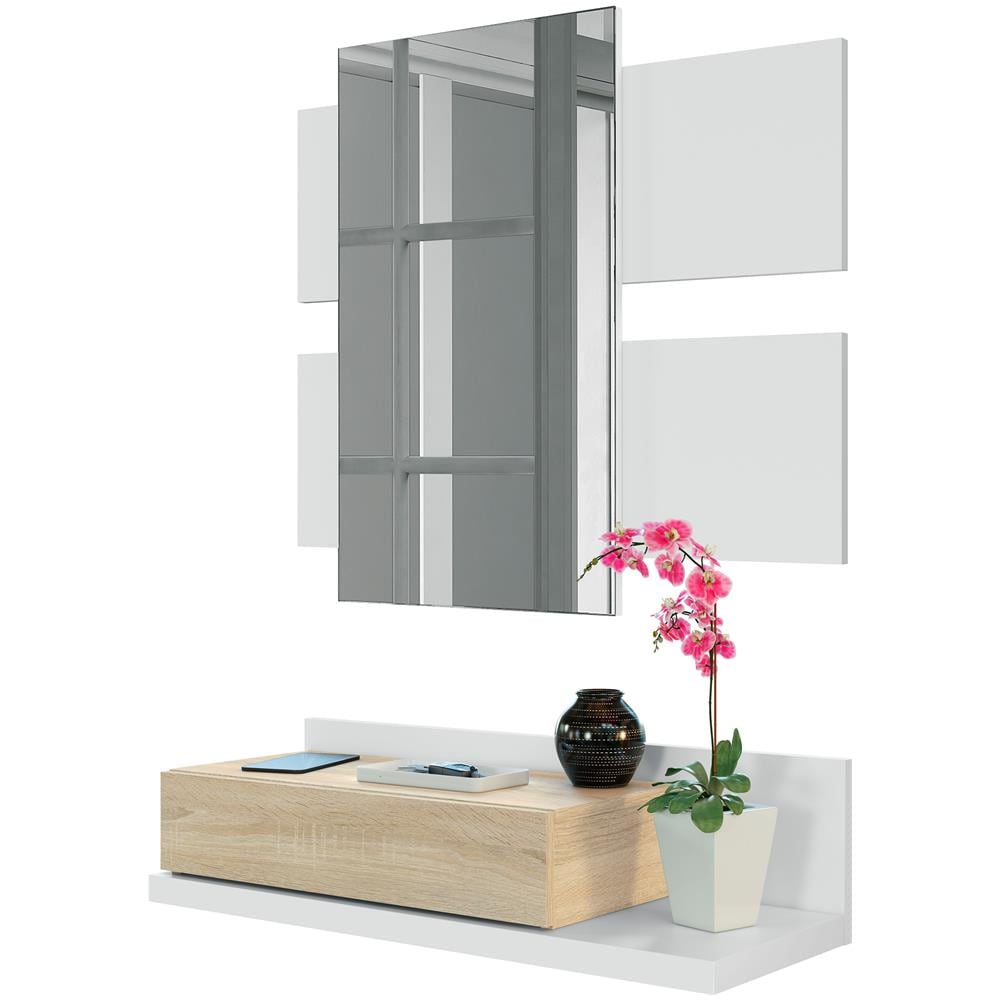 Ricevitore Telma Con 1 Cassetto E Specchio Colore Bianco /rovere, Mobile Ingresso, 75 Cm (larghezza) 29 Cm (profondità) 116 Cm (altezza) - Foto 1