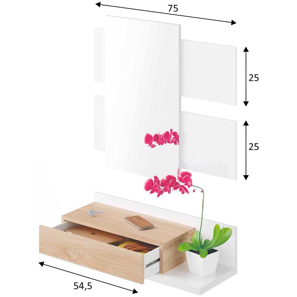 Ricevitore Telma Con 1 Cassetto E Specchio Colore Bianco /rovere, Mobile Ingresso, 75 Cm (larghezza) 29 Cm (profondità) 116 Cm (altezza) - Foto 3
