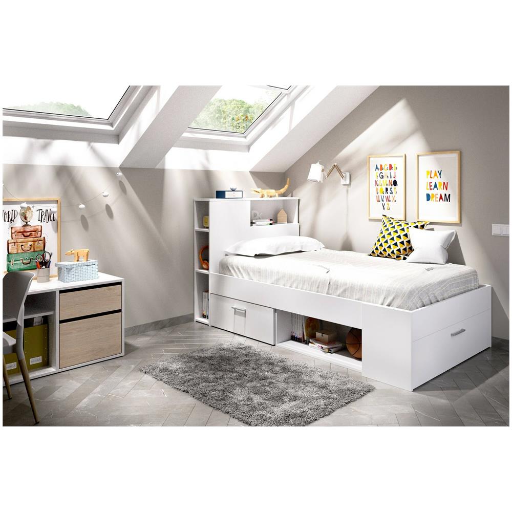 Letto Per Bambini Cristallo, Lettino Per Cameretta Con Testiera, Struttura Per Letto Singolo Con Cassetto E Scaffali, 218x99h96 Cm, Bianco - Foto 1