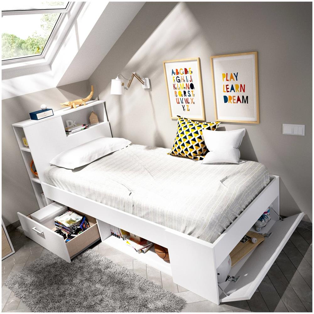 Letto Per Bambini Cristallo, Lettino Per Cameretta Con Testiera, Struttura Per Letto Singolo Con Cassetto E Scaffali, 218x99h96 Cm, Bianco - Foto 4