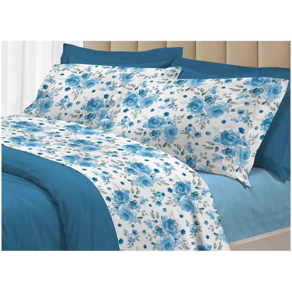 Completo Lenzuola Letto 100% Cotone Italy 3027 Disegno Rosa Piazza E Mezza Azzurro - Foto 1