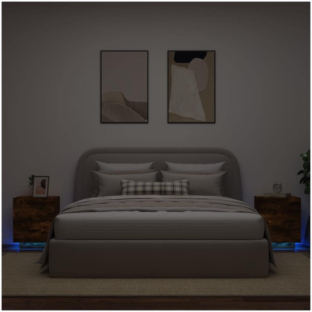 Comodini Con Luci Led 2pz Rovere Fumo In Legno Multistrato - Foto 1