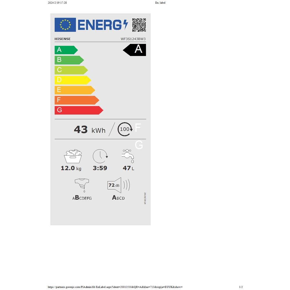 Lavatrice WF3S1243BW3 Capacita 12 kg con connessione Centrifuga 1400 giri /min Colore Bianco Classe A - Foto 2