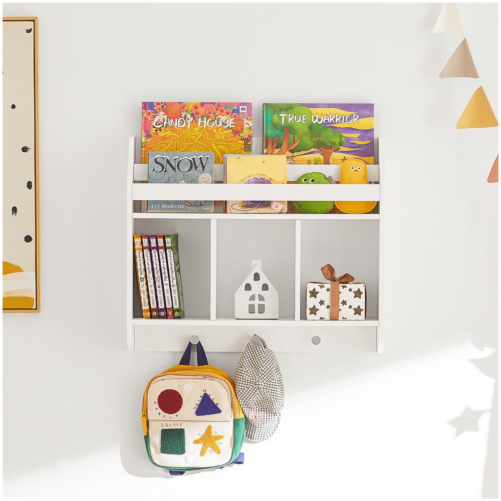 Scaffale Per Bambini Scaffale A Muro Con 3 Ganci Armadio Con Ripiani Per Libri E Decorazioni Bianco 60x18x51cm Kmb46-w - Foto 2