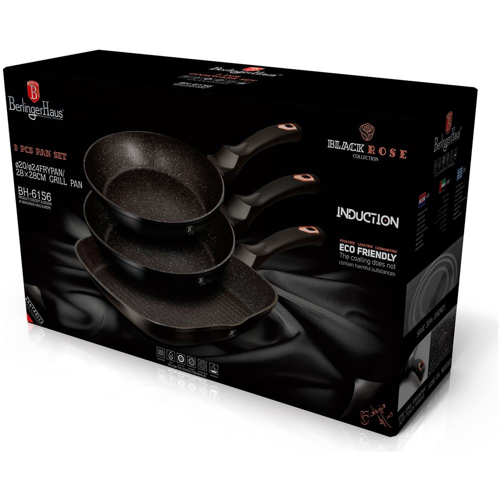 Black Rose Set Di 2 Padelle Et Bistecchiera Induzione 20-24-28cm In Alluminio Antiaderente Nero - Foto 2