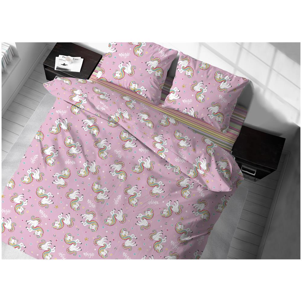 Copritrapunta Sacco Per Trapunta 100% Cotone Disegno Unicorno Rosa Singolo Unicorno - Foto 1