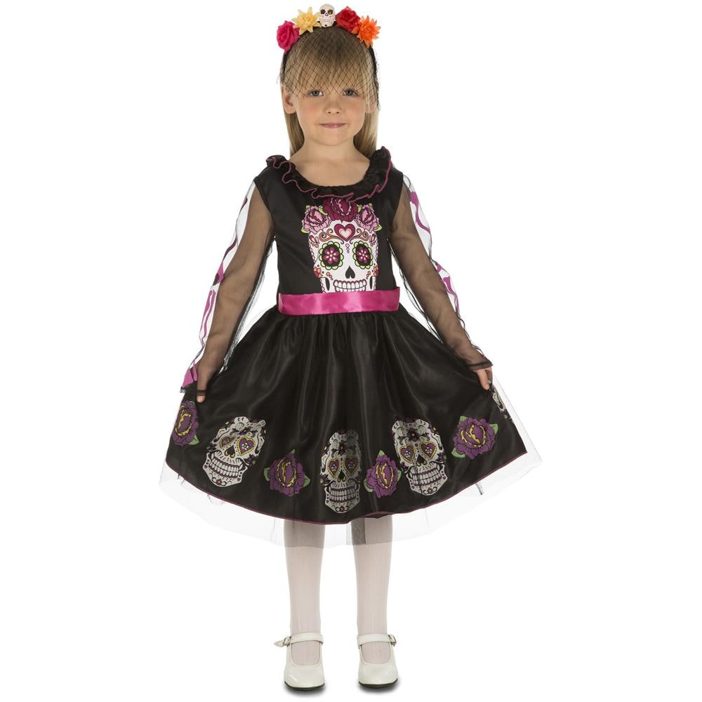 Costume Mini Teschio Dia De Los Muertos Per Bambina - Taglia: 5 A 6 Anni - Foto 1