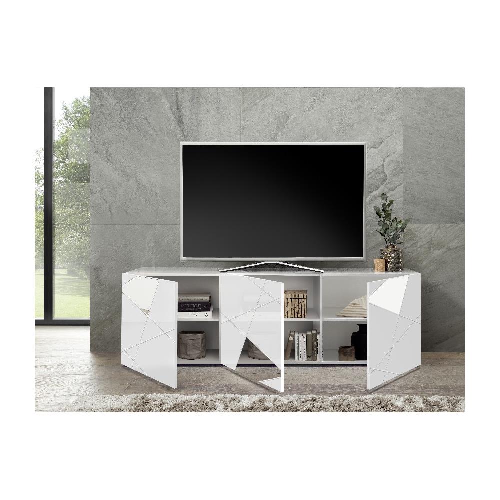 Mobile Porta Tv Vittoria - 3 Ante, Ripiani, Specchi - Per Salotto, Soggiorno - Televisione - Bianco In Truciolare Melaminico, 180,5 X 40,4 X 56,4 Cm - Foto 2