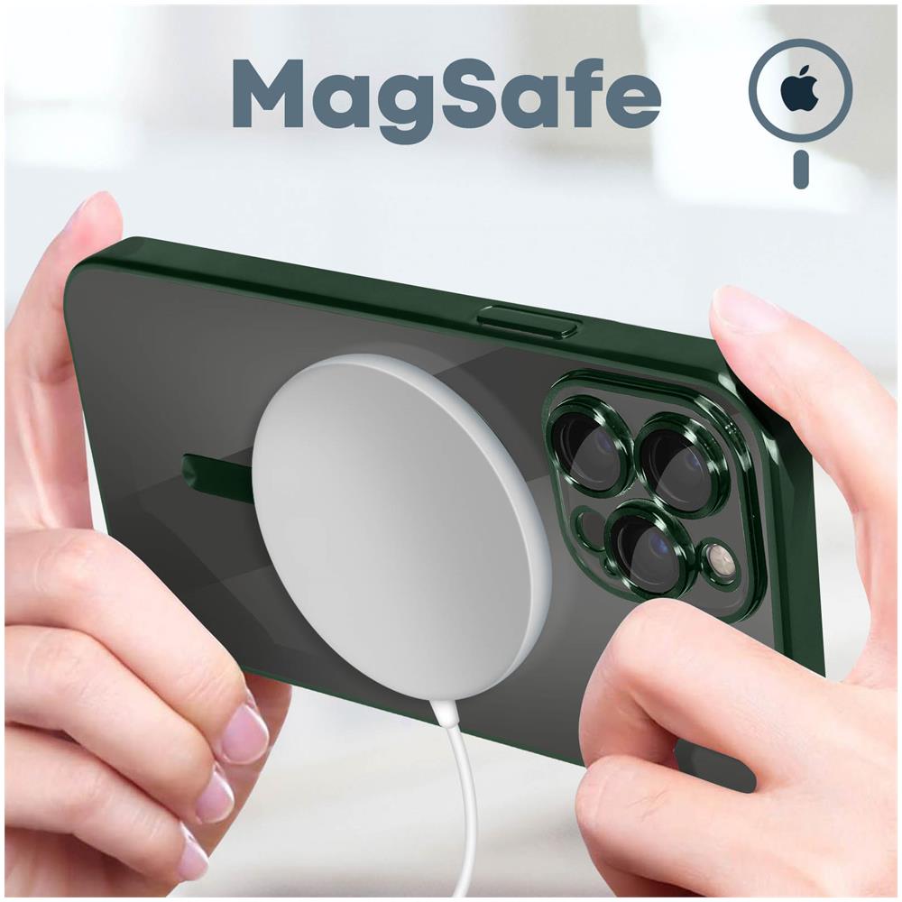 Cover Magsafe Per Iphone 13 Pro Silicone Protezione Camera Bordo Cromato Verde - Foto 2