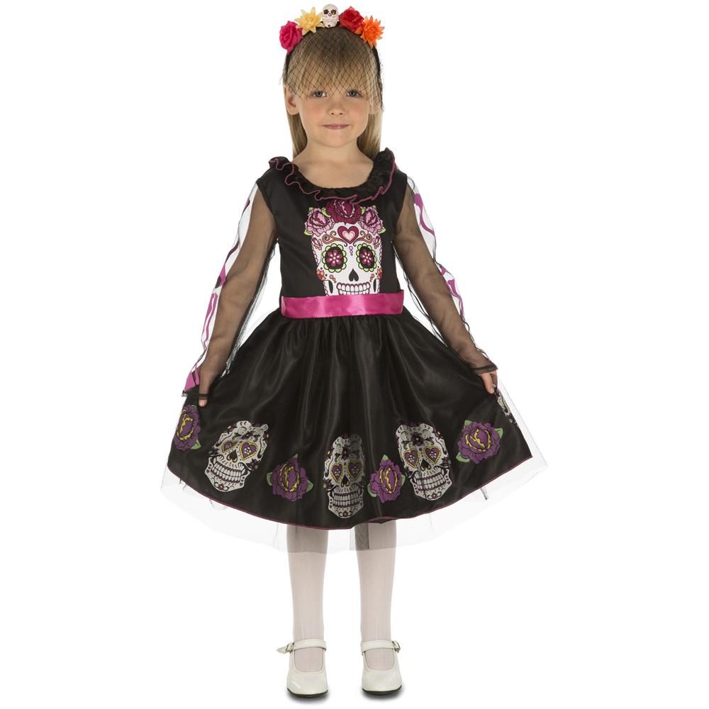 Costume Mini Teschio Dia De Los Muertos Per Bambina - Taglia: 7 A 9 Anni - Foto 1