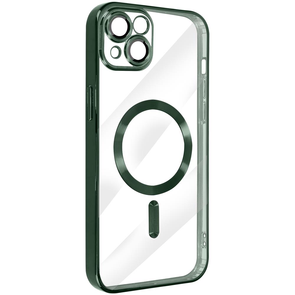 Cover Magsafe Per Iphone 14 Silicone Protezione Fotocamera Bordo Cromato Verde - Foto 5