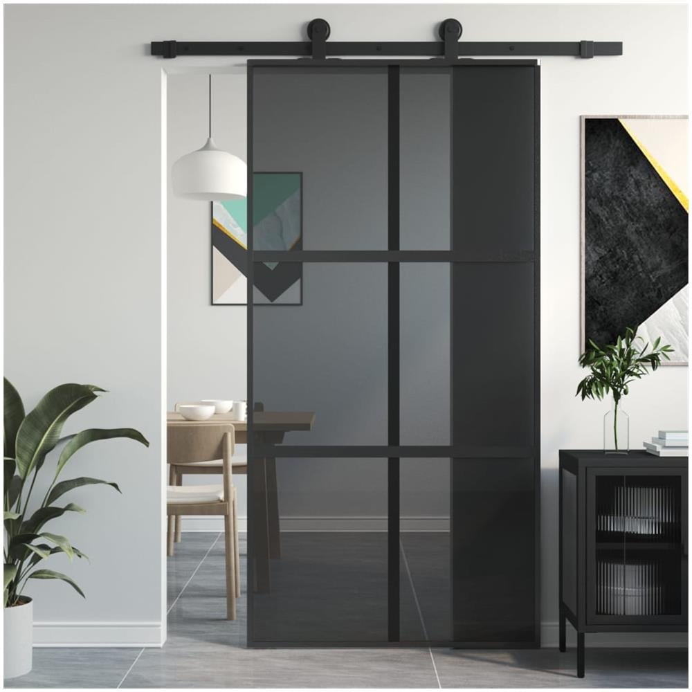 Porta Scorrevole Nera 102,5x205 Cm Vetro Temperato E Alluminio - Foto 1