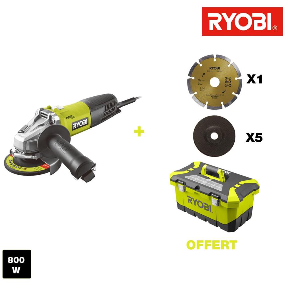Smerigliatrice Angolare Ryobi 800w 125 Millimetri - Disco 1 Diamante - 5 Dischi Per Sbavare - Toolbox Rag800-125ta6 - Foto 1