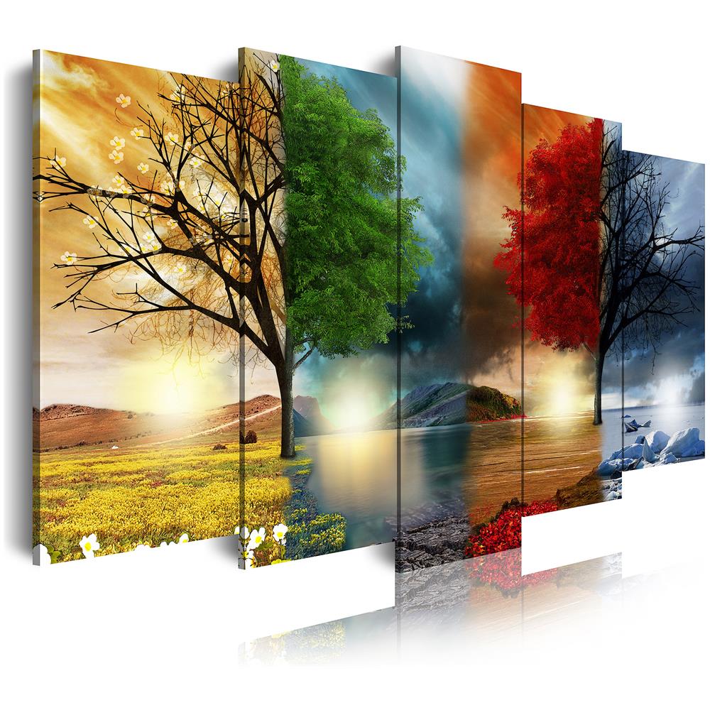 Quadro Moderno Su Tela Montato Su Telaio In Legno Di 5 Pezzi Xxl, Natura Quattro Stagioni, 200x100cm - Foto 1