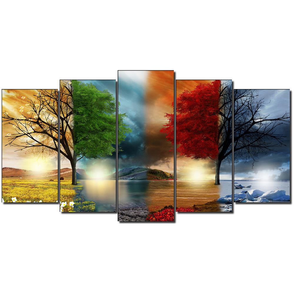 Quadro Moderno Su Tela Montato Su Telaio In Legno Di 5 Pezzi Xxl, Natura Quattro Stagioni, 200x100cm - Foto 2