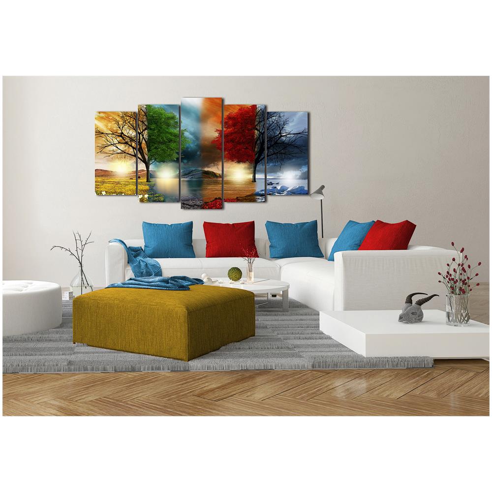 Quadro Moderno Su Tela Montato Su Telaio In Legno Di 5 Pezzi Xxl, Natura Quattro Stagioni, 200x100cm - Foto 3