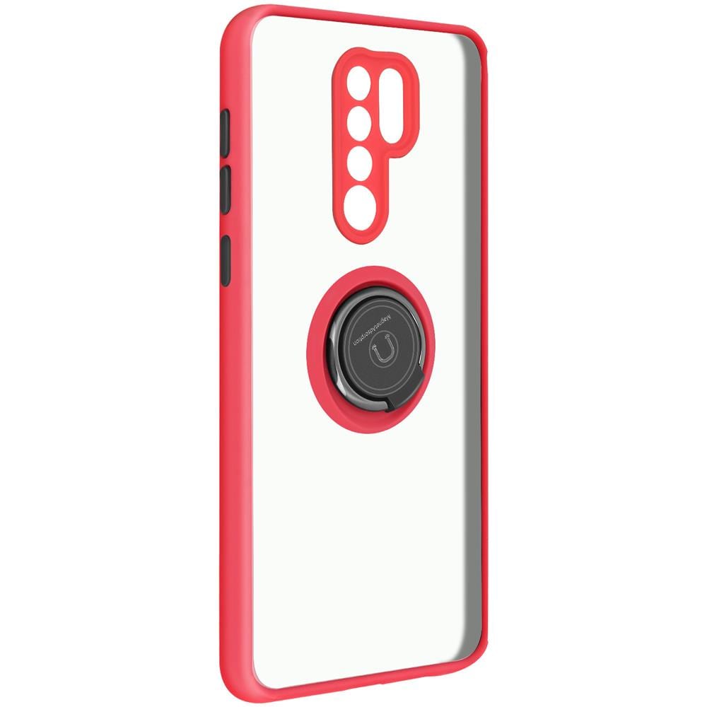 Cover Xiaomi Redmi 9 Bimateriale Anello In Metallo Funzione Supporto Rosso - Foto 2